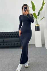 Kadın Siyah Hailey Uzun Kollu Likralı Maxi Elbise