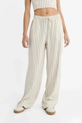 Kadın Bej Armür Detaylı Bol Paça Bağcıklı Keten Pantolon