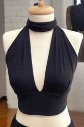 Vizkon Kumaş Yumuşak Dokulu Kadın Siyah Sırt Ve Boyun Bağlamalı Bluz