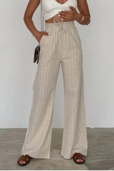 Kadın Çizgili Bej Bol Paça Bağcıklı Keten Pantolon