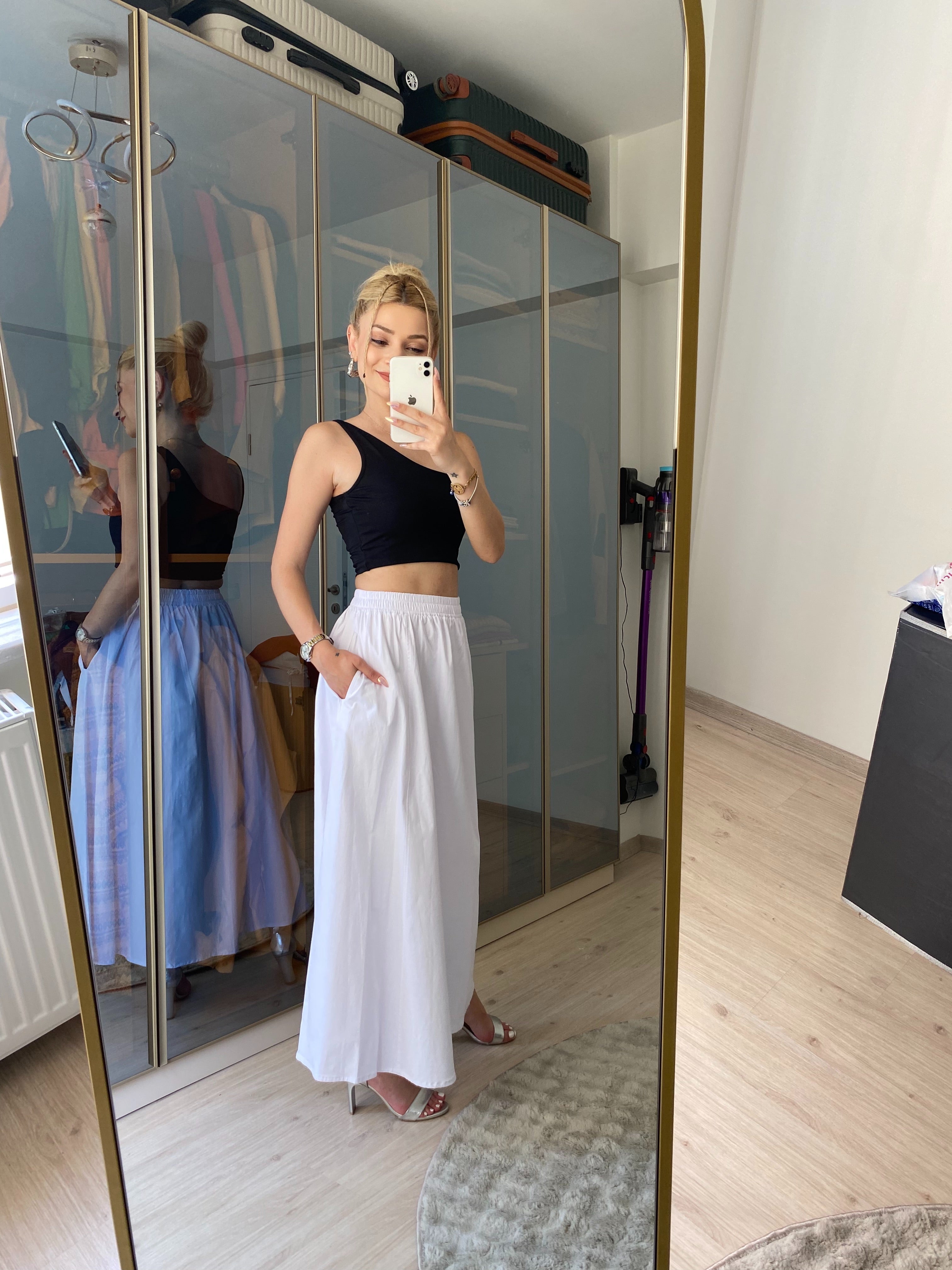 Standart Beden Fileto Cepli Poplin Kumaş Uzun Etek Astarsız 90 CM