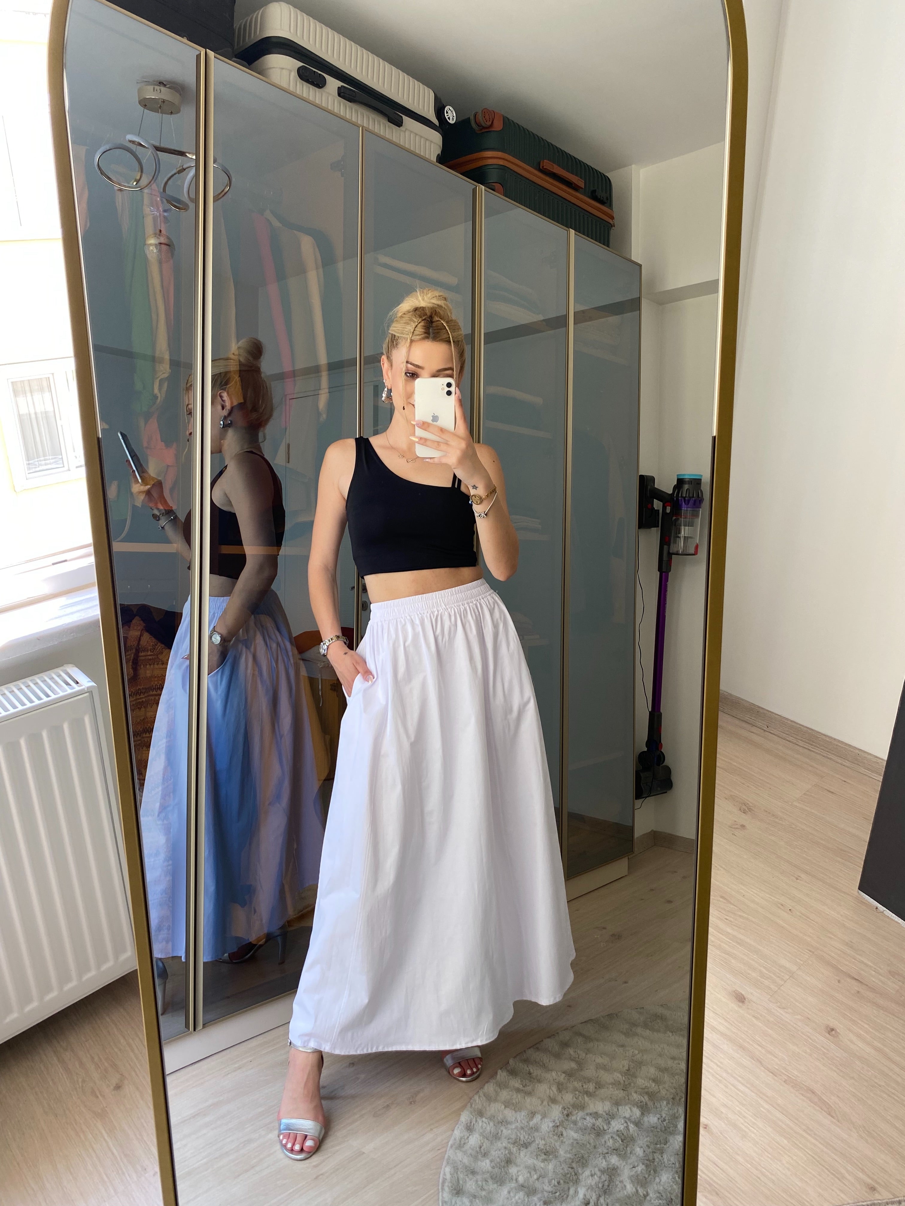 Standart Beden Fileto Cepli Poplin Kumaş Uzun Etek Astarsız 90 CM