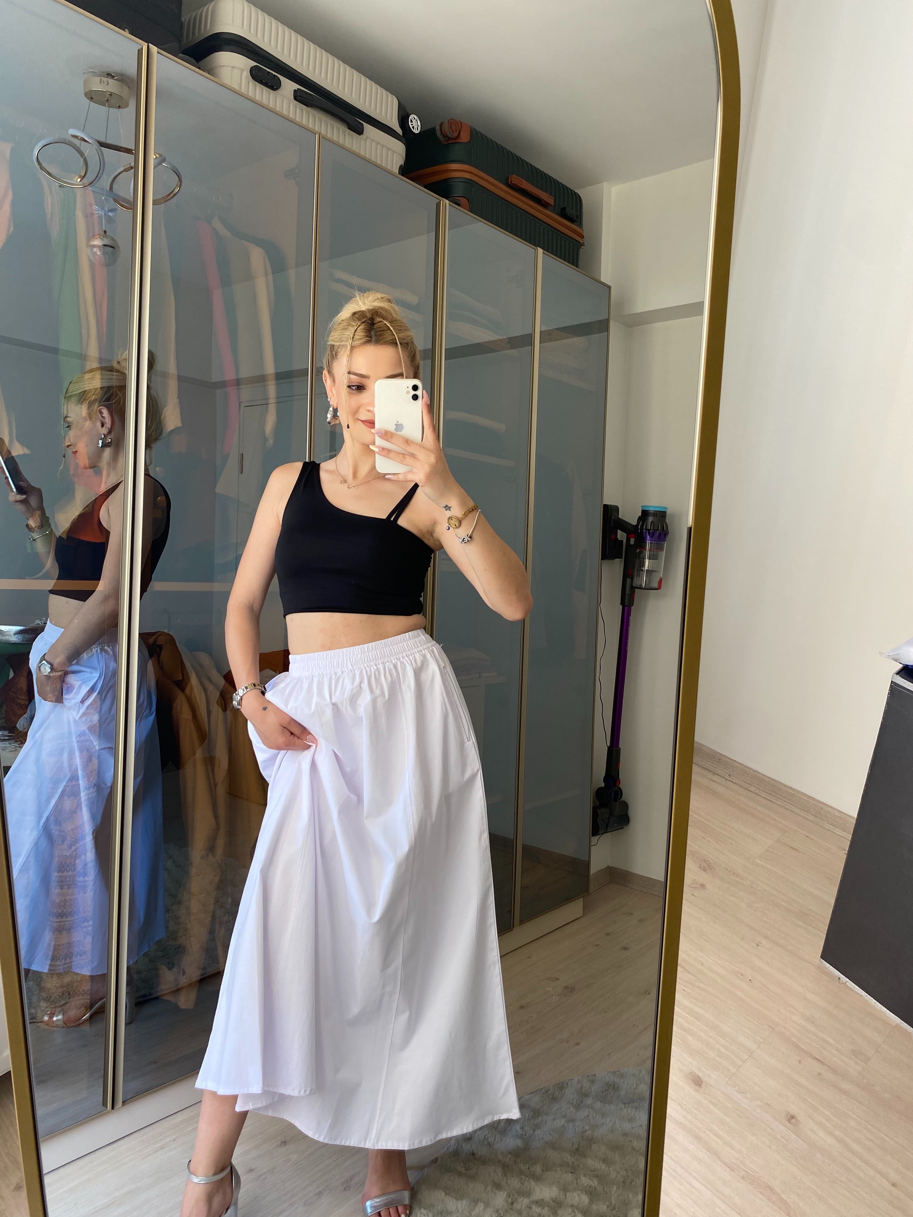 Standart Beden Fileto Cepli Poplin Kumaş Uzun Etek Astarsız 90 CM