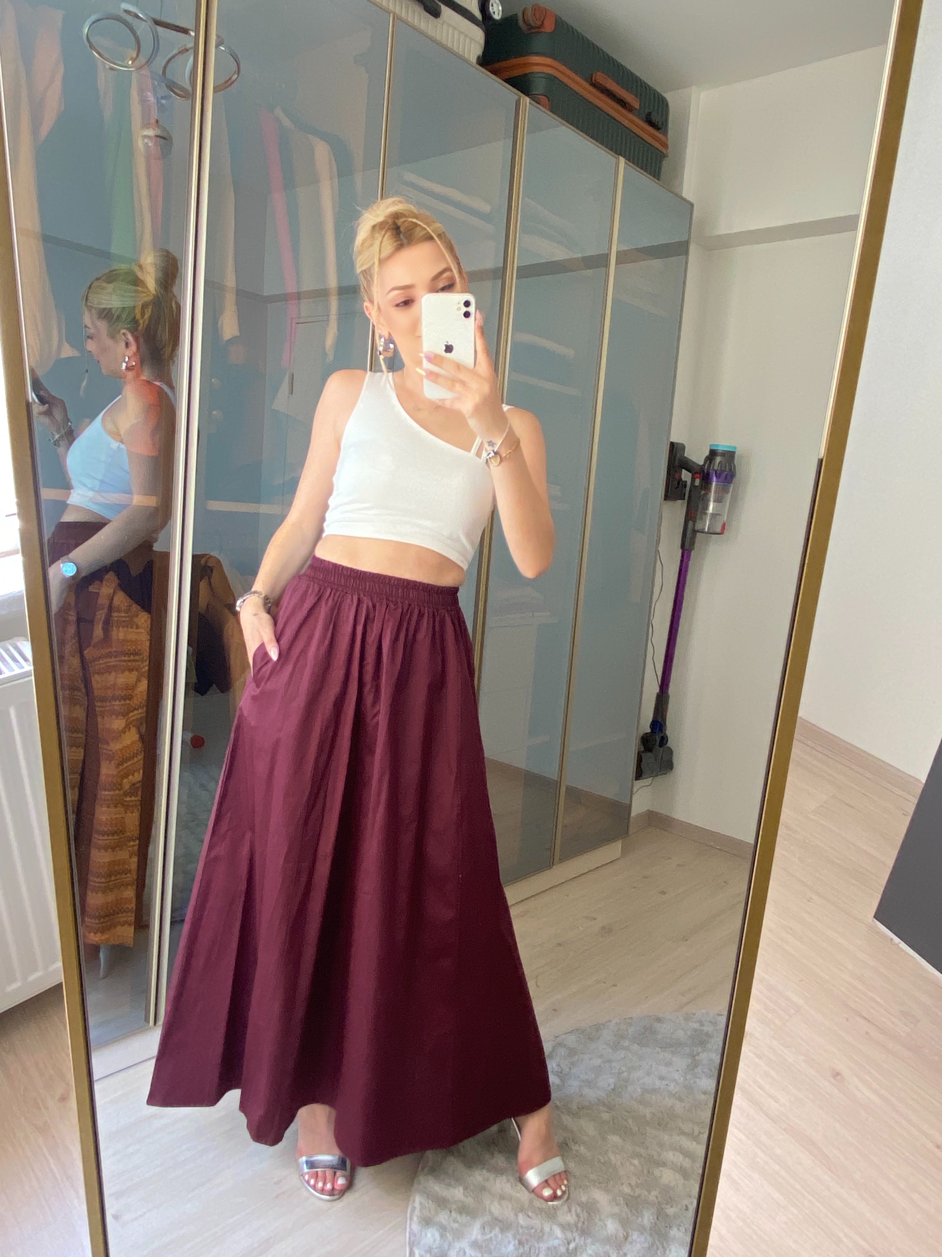 Standart Beden Fileto Cepli Poplin Kumaş Uzun Etek Astarsız 90 CM