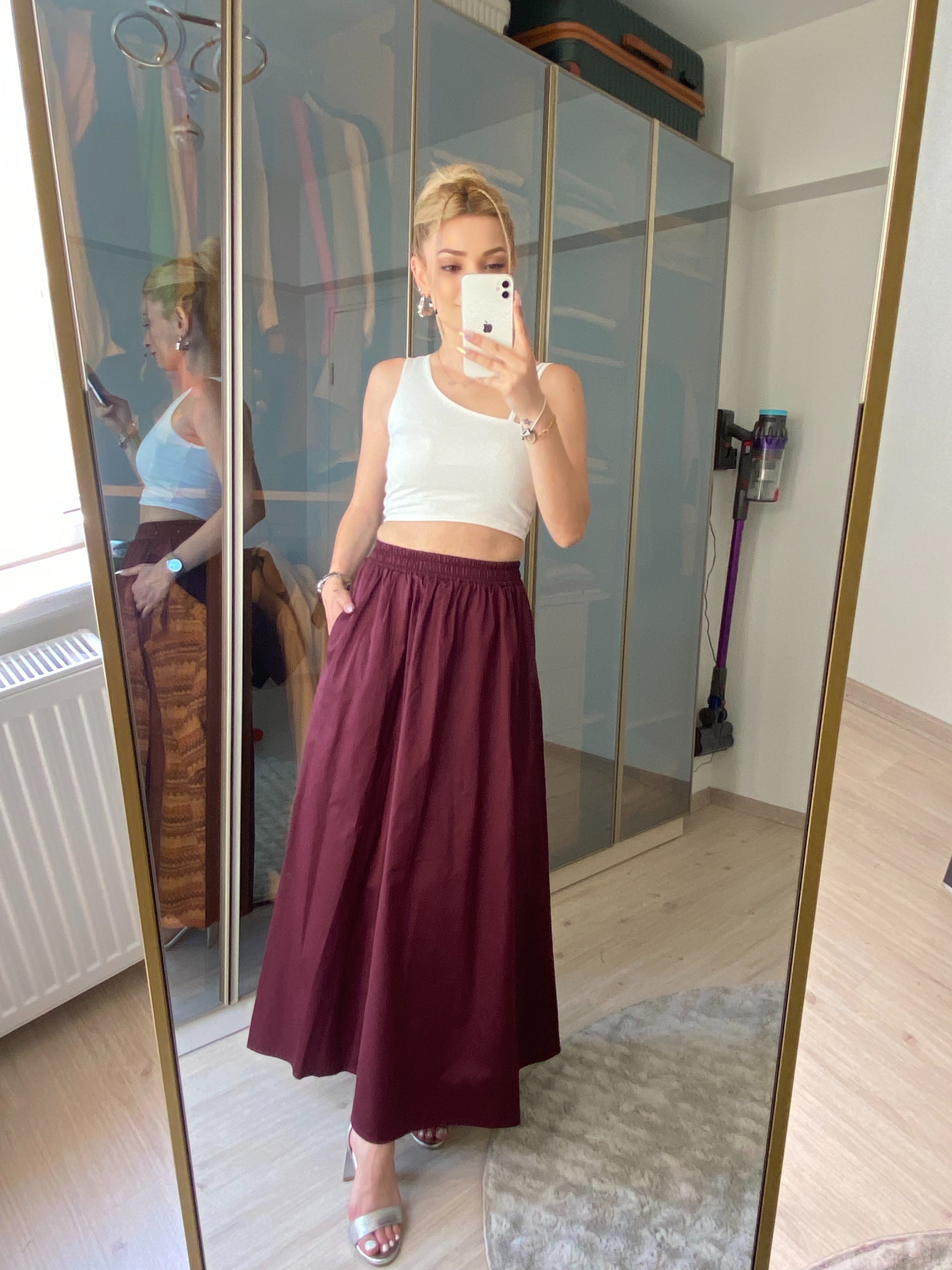 Standart Beden Fileto Cepli Poplin Kumaş Uzun Etek Astarsız 90 CM